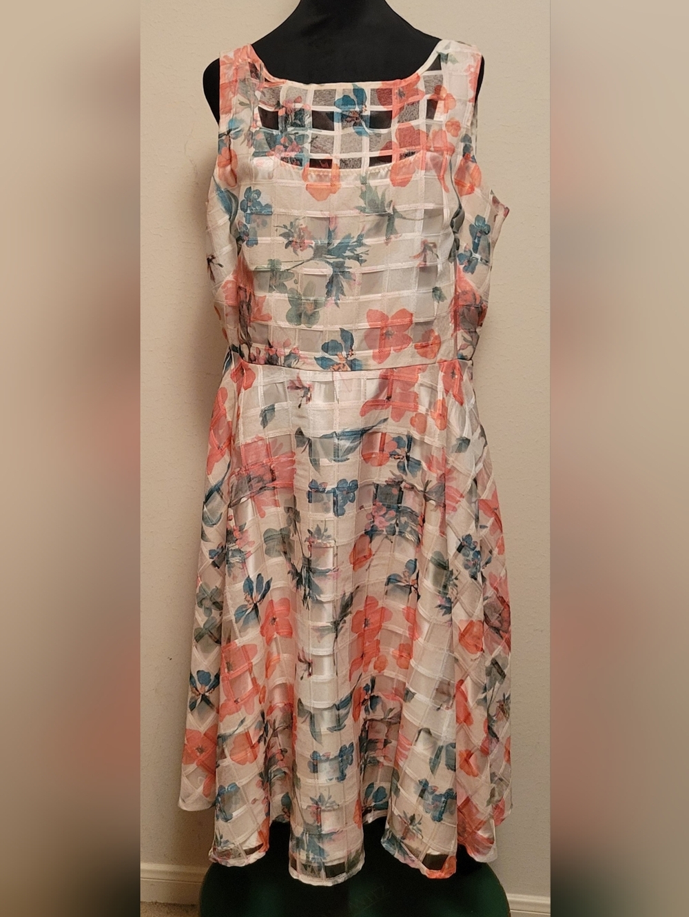 Fit-and-Flare Julian Taylor Summer Dress in Cream with Coral & Teal Flowers